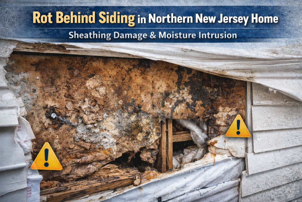 rot behind siding in Northern New Jersey home showing sheathing damage and moisture intrusion