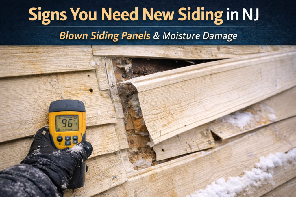signs you need new siding in NJ including blown siding panels and moisture damage