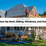 Exterior renovation crew replacing a home’s roof, siding, windows, and gutters in the recommended order.